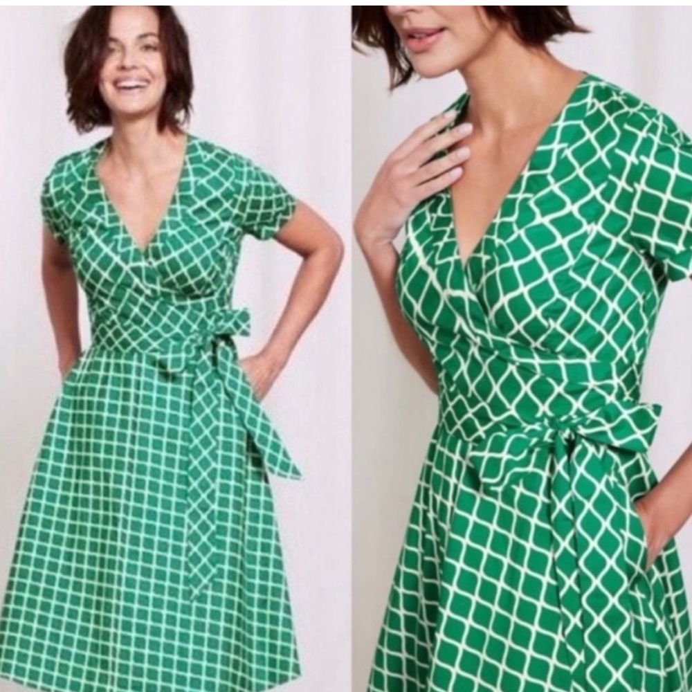 Boden Green White Geometric Lara Wrap Tea Picnic Short Sleeve Dress 8L
